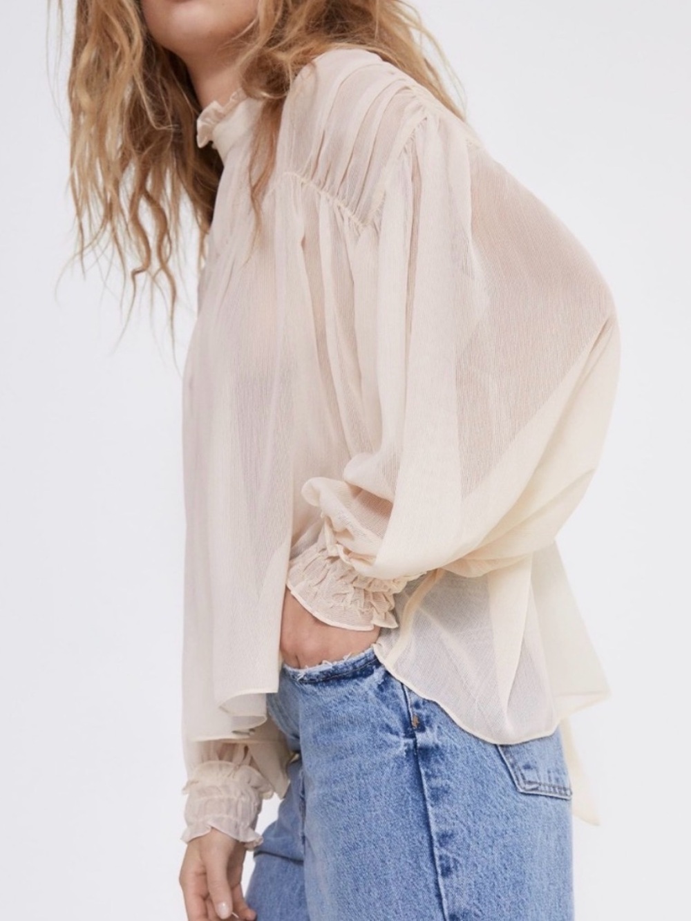 Zara Sheer Puff-Sleeve Ruffled-Neck Blouse in Cream
